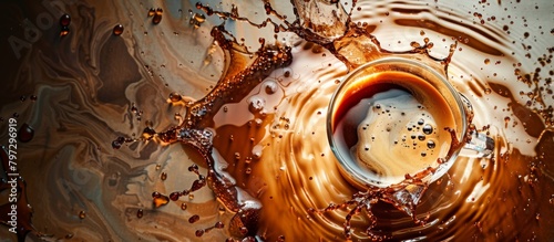 A close-up view of a cup filled with coffee, showcasing a mesmerizing swirl of liquid in motion