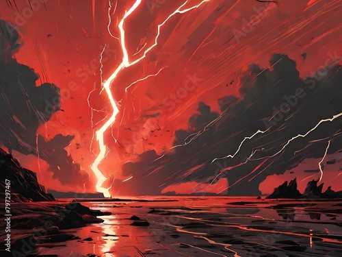 comic style red lightning strike background. illustration for banner, poster, web, social media. generative ai