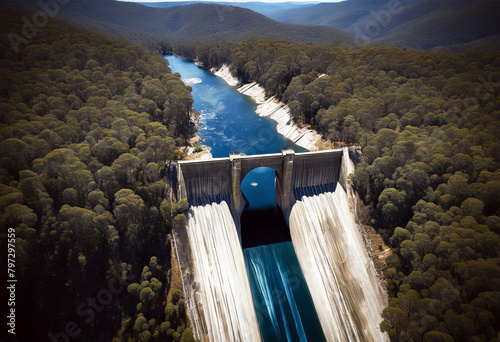 'generation river aerial trees dam forming covered electricity power water Blue Lake gating hills top steep flow Coxs Mountains view Lyell hydro Concrete gum Water Summer Nature Winter Landscape Road'