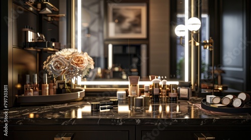 A luxurious makeup vanity filled with high-end cosmetics under soft, flattering lighting 