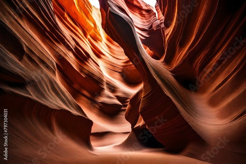 .Low angle of spectacular view of Antelope Canyon with smooth brown surface located in ArizonaLow angle of spectacular view of Antelope Canyon with smooth brown surface located in Arizona 