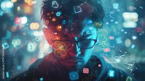a stressed person surrounded by social media icons, created with Generative AI technology hyper realistic 