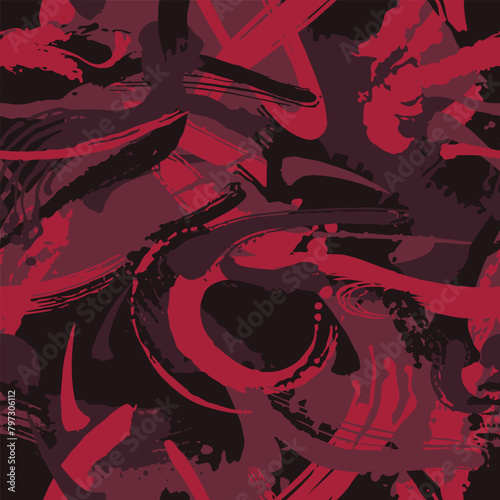 Camouflage modern fashion design. Hand drawn wine camo with brush strokes. Red shade color, fashionable, fabric. Vector seamless grunge pattern