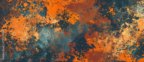 A colorful, abstract painting with splatters of orange, blue, and green
