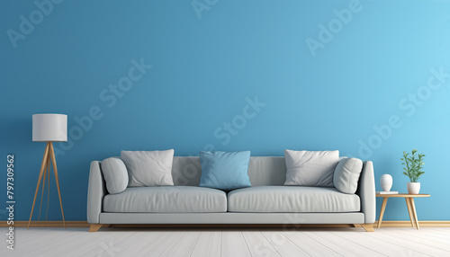 Bright blue wall living room with sofa and plant