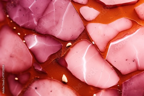 a close up of pink and red food
