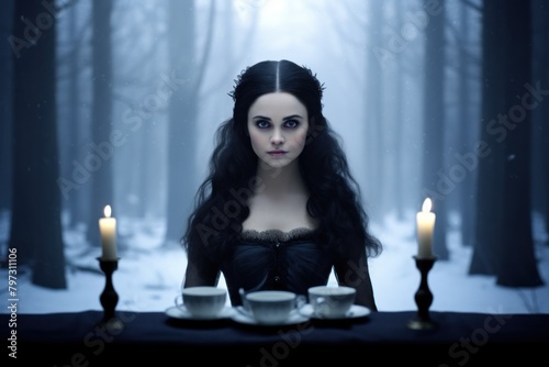 a woman in a black dress with a table with tea cups and candles
