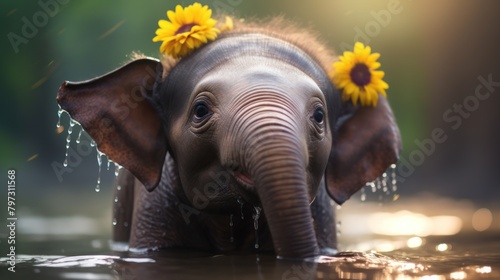 an elephant with flowers on its head