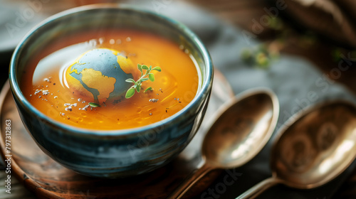 スープの中に沈み温まる地球。温暖化
