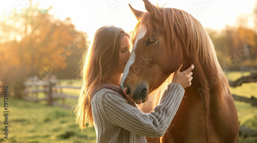 Woman sharing a tender moment with a horse at sunset