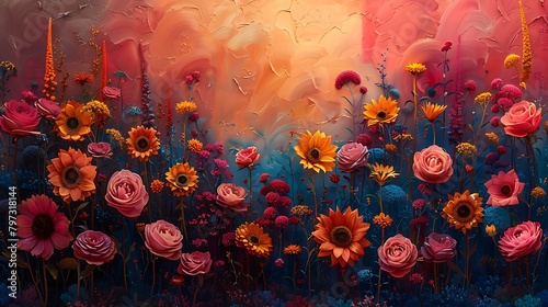 Paint a surreal garden where each flower combines petals of roses, the vibrant colors of tropical hibiscus, and the towering stems of sunflowers