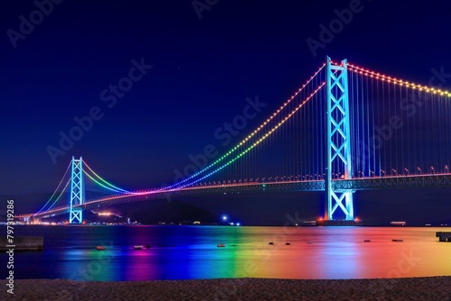 神戸市、明石海峡大橋のライトアップ（虹パターン）