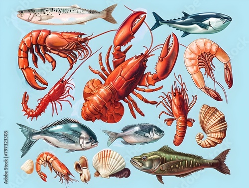 Diverse Seafood Bounty from Sustainable Aquaculture Showcasing Finfish,Shellfish,Crustaceans,and Mollusks
