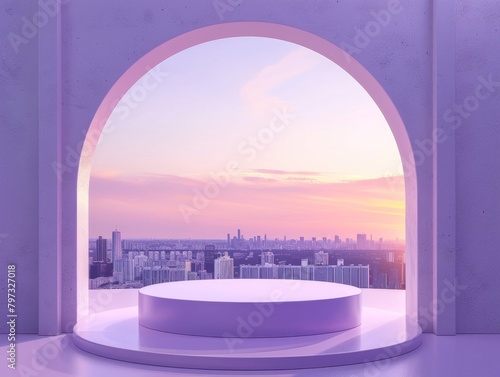 Empty product podium with lavender lilac arch matte paint whimsical set against a twilight cityscape 