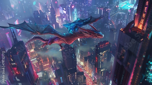 Capture a high-angle view of a majestic dragon soaring over a futuristic metropolis at dusk in a detailed watercolor medium Emphasize the creatures iridescent scales against the neon lights of the cit