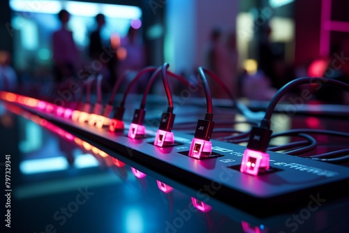 USB ports at a fashion show emitting neon lights, ultra HD, blending modern digital technology with highend fashion ,3DCG,high resulution,clean sharp focu