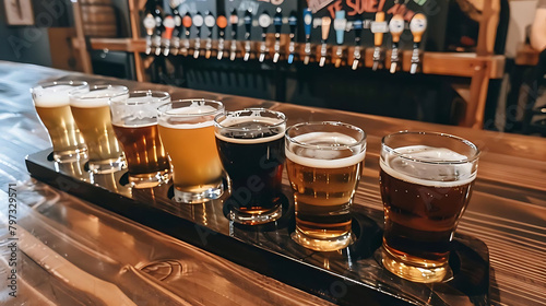 beer flight tasting at a bar with a variety of glasses and beers on display, including tall and cle