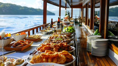 brunch cruise on the water with a variety of food served on white plates and bowls, accompanied by