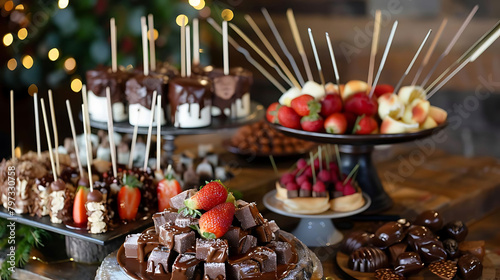 chocolate fondue desserts and strawberries arranged on a wooden table, accompanied by a white candle