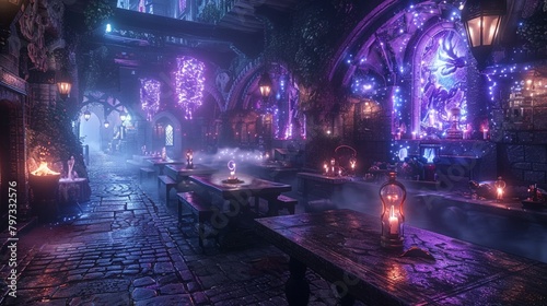 Magicinfused medieval market, glowing potions, enchanted artifacts, mystical fog