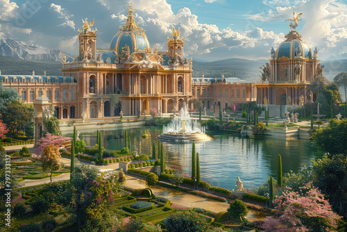  A grandiose palace with intricate architecture, surrounded by lush gardens and fountains, bathed in the golden light of late afternoon sun. Created with Ai