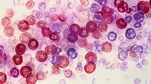 A medical image of a leukemic blood smear, with an overabundance of immature white blood cells
