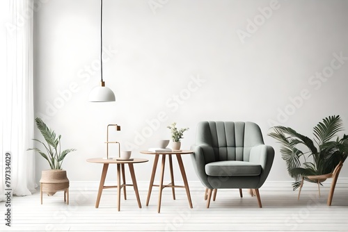 Stylish armchair and table near light wall