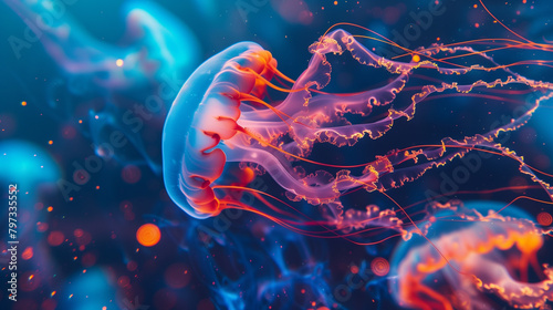 Jellyfish swimming, Colorful red blue glittering particles flow smooth ink swirling in water.