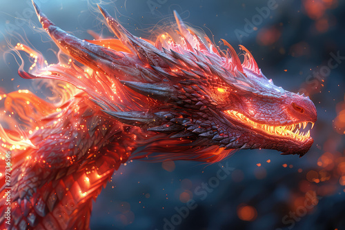 A red dragon with fiery scales and sharp teeth spitting fire. Created with Ai