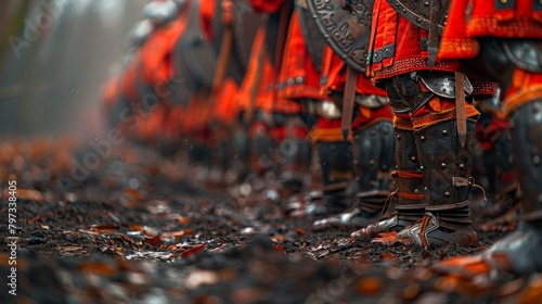 A line of Roman legionnaires orange and black armor stands sentinel on a vast field, blending with the colors of autumn.