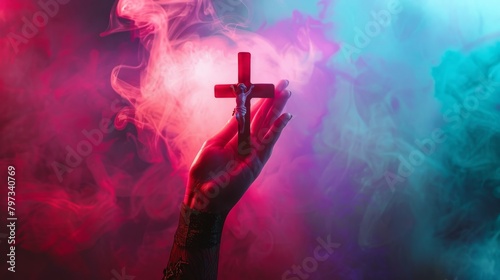 Woman's hand with cross. Concept of hope, faith, christianity, religion, church online. religion Concept .pray for blessings in the church light of happiness Path to the Land of the Gods