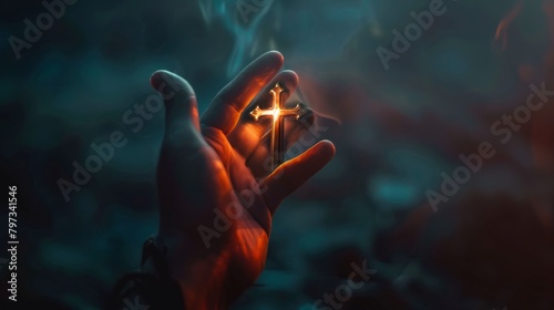 Woman's hand with cross. Concept of hope, faith, christianity, religion, church online. religion Concept .pray for blessings in the church light of happiness Path to the Land of the Gods