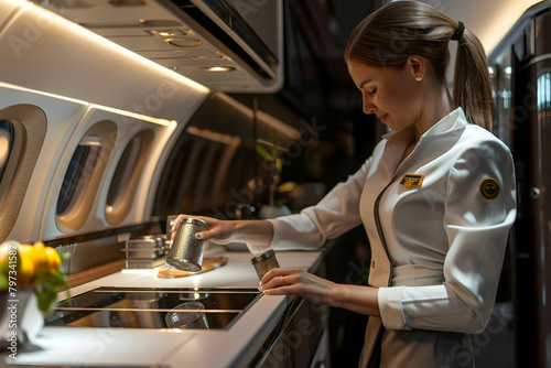Flight Attendant Retrieving Items from the Galley with Focused Attention to Detail and Balanced Cabin Lighting