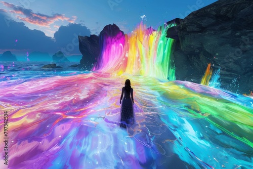 Surreal seascape with colorful waterfall