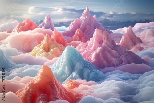 Dreamy digital art of mountains in pastel hues with a soft, cloud-like texture