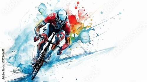 Professional bicycle racer riding a bike on abstract colorful graphic background.