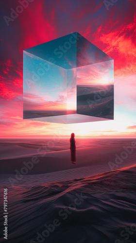 lady standing in front of surreal landscape with tesseract portal middle of nowhere, neon pink and purple color