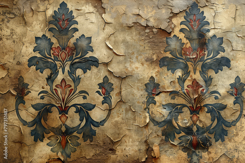 an ancient painted wallpaper with damask pattern, cracked paint showing the old paper underneath in muted colors. Created with Ai