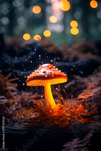 Close-Up Photograph of a Bioluminescent Mushroom Casting a Soft Glow in a Twilight Forest Underbrush