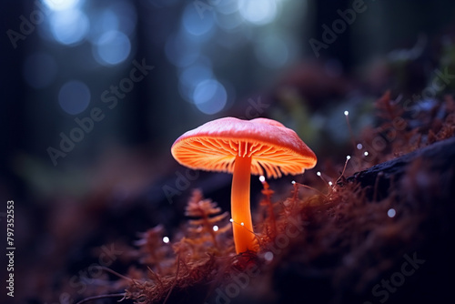 Enchanting Close-Up of a Luminescent Mushroom Illuminating the Forest Underbrush at Twilight