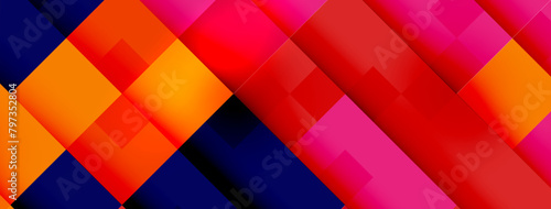 Vibrant colors like magenta, electric blue, and carmine create a bold diagonal pattern of squares on a peach background, adding symmetry and interest to the design