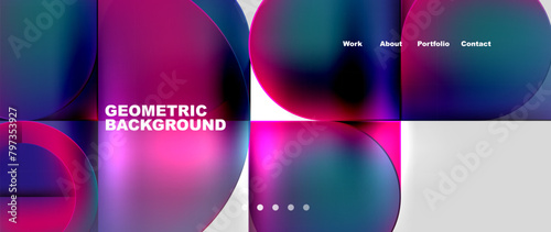 A vibrant geometric background featuring circles and squares in shades of purple, pink, magenta, and violet. The colors appear liquid and fluid, resembling automotive lighting
