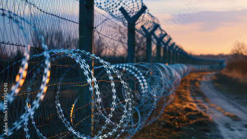 Fence with barbed wire at state border, Protecting border from illegal immigration