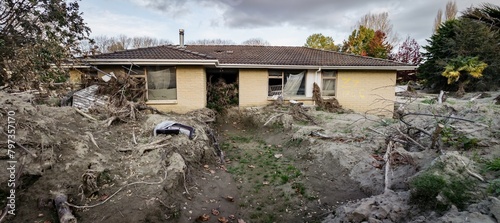 Silt and house buried and damaged in the Cyclone Gabrielle natural disaster. Eskdale, Napier, Hawkes Bay, New Zealand Bay. February 2023