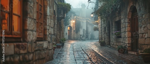 A misty twilight on a mediaeval town's old, deserted European street