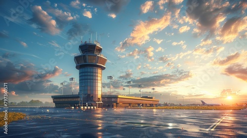 A large airport terminal with a large tower in the background