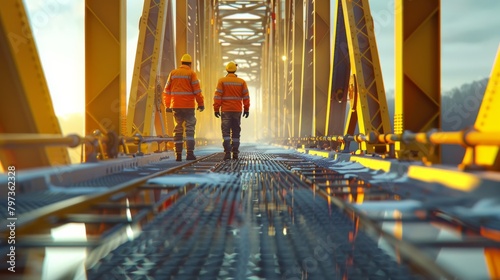 Two men in orange safety vests walk across a bridge