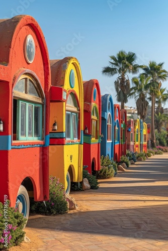 A charming row of brightly painted houses lines the side of a road, creating a whimsical and picturesque scene.
