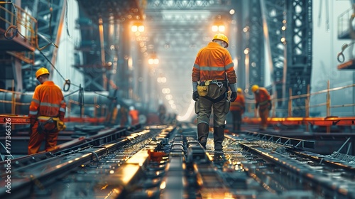 A man in an orange safety suit walks on a train track