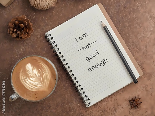 Notebook on desk with text written I AM NOT GOOD ENOUGH , crossed off NOT, positive affirmmation to beat negative self-talk boost self esteem, self-worth and self-acceptance